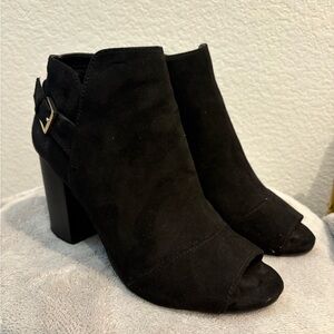 Black Suede Peep Toe Chunky Heel Ankle Boots